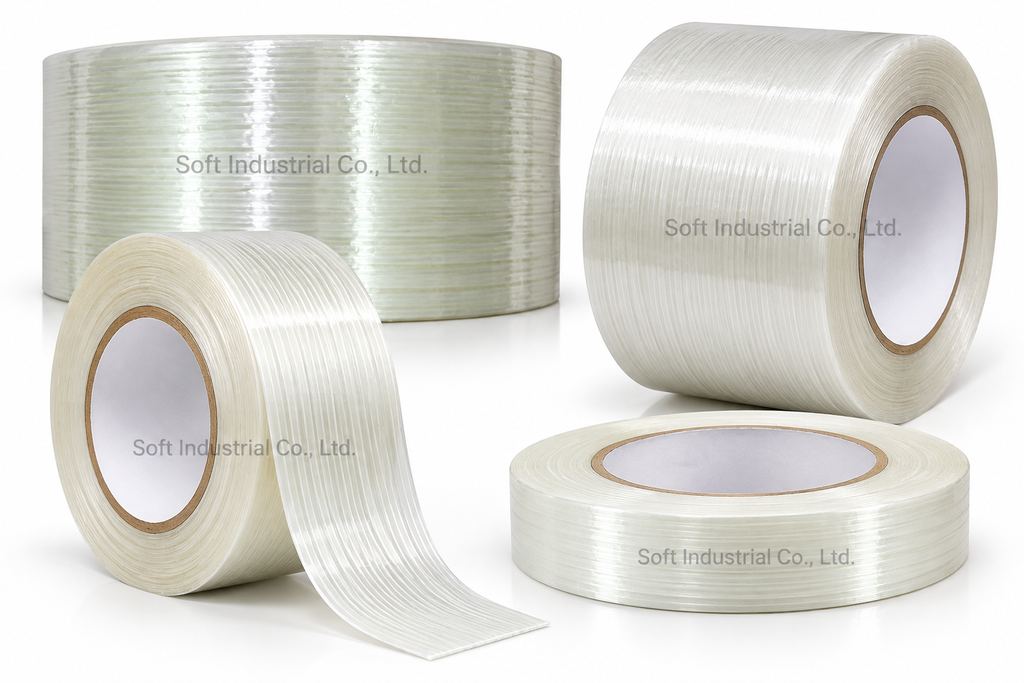 เทปเสริมเส้นใย Filament Tape สำหรับงานมัดและแพคเกจจิ้งอุตสาหกรรม Soft Industrial