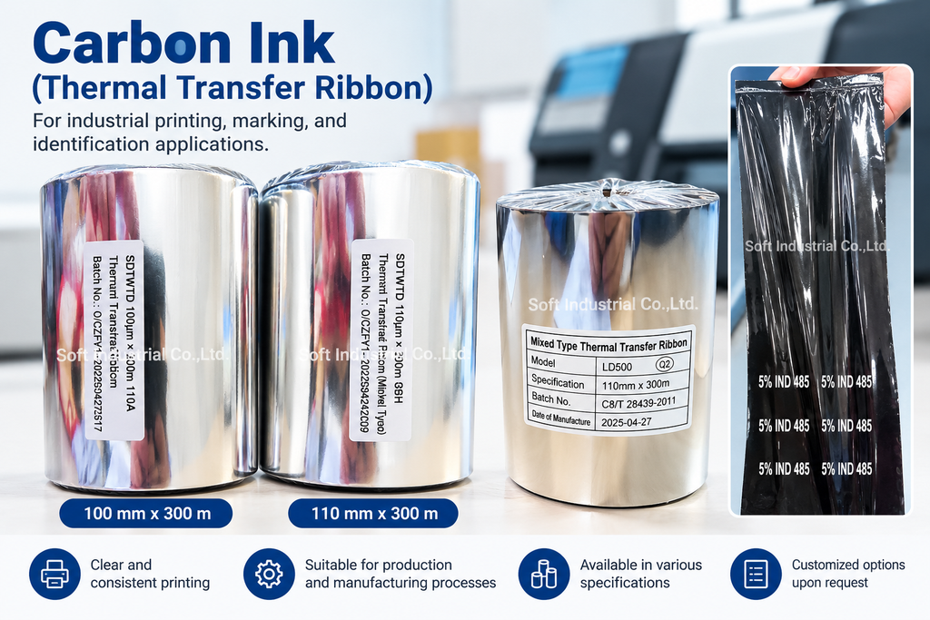 Carbon Ink Thermal Transfer Ribbon ผ้าหมึกพิมพ์ฉลากและบาร์โค้ดสำหรับงานอุตสาหกรรม